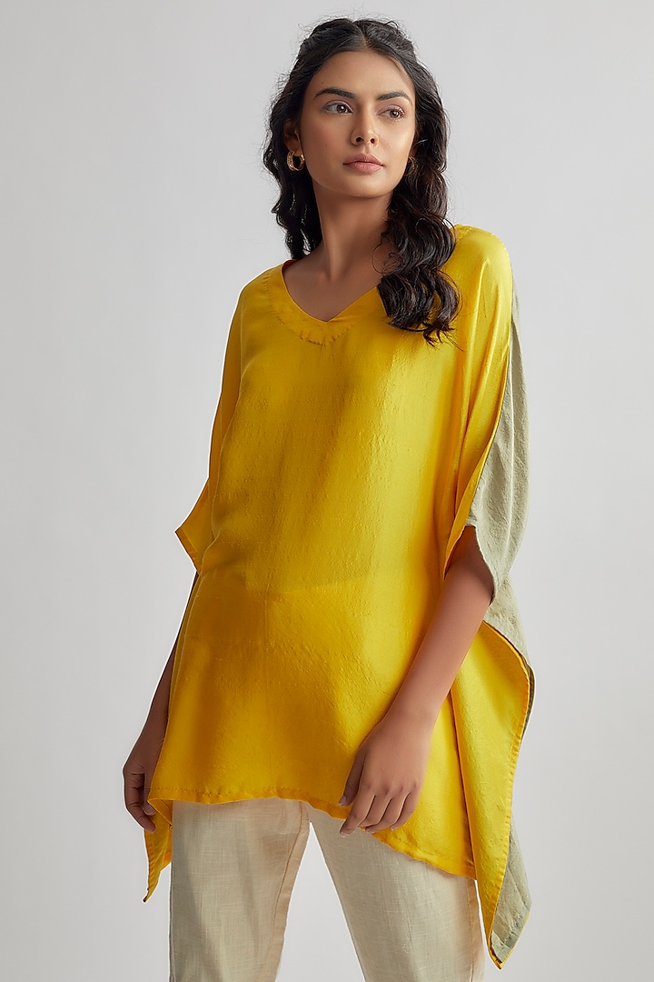 Yellow Dupion Silk Kaftan Shirt by EZRA