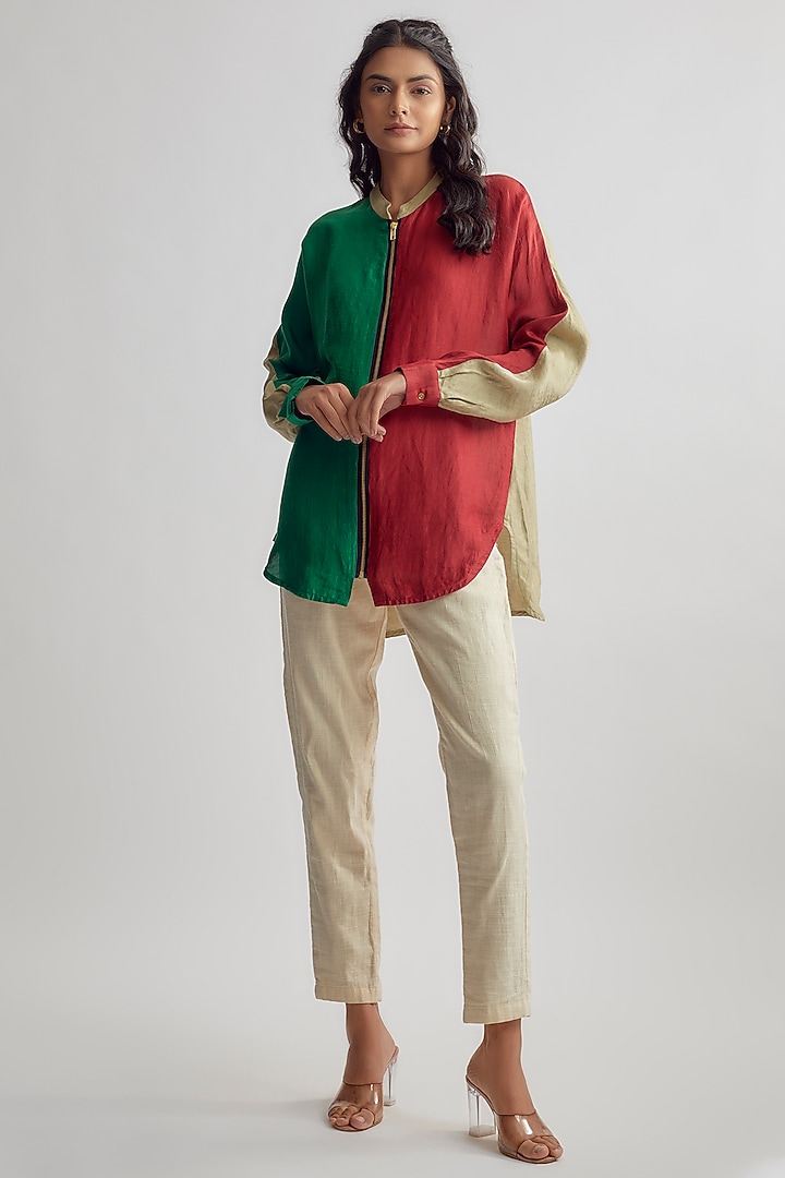 Red Linen Satin Color-Blocked Shirt by EZRA at Pernia's Pop Up Shop