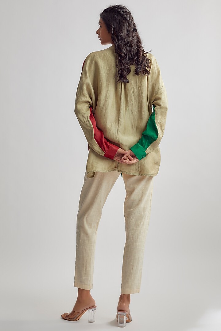 Red Linen Satin Color-Blocked Shirt by EZRA at Pernia's Pop Up Shop