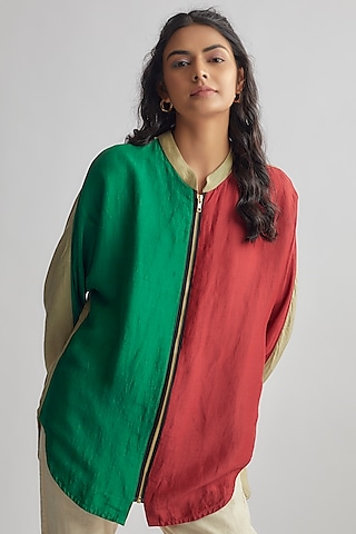 Red Linen Satin Color-Blocked Shirt by EZRA