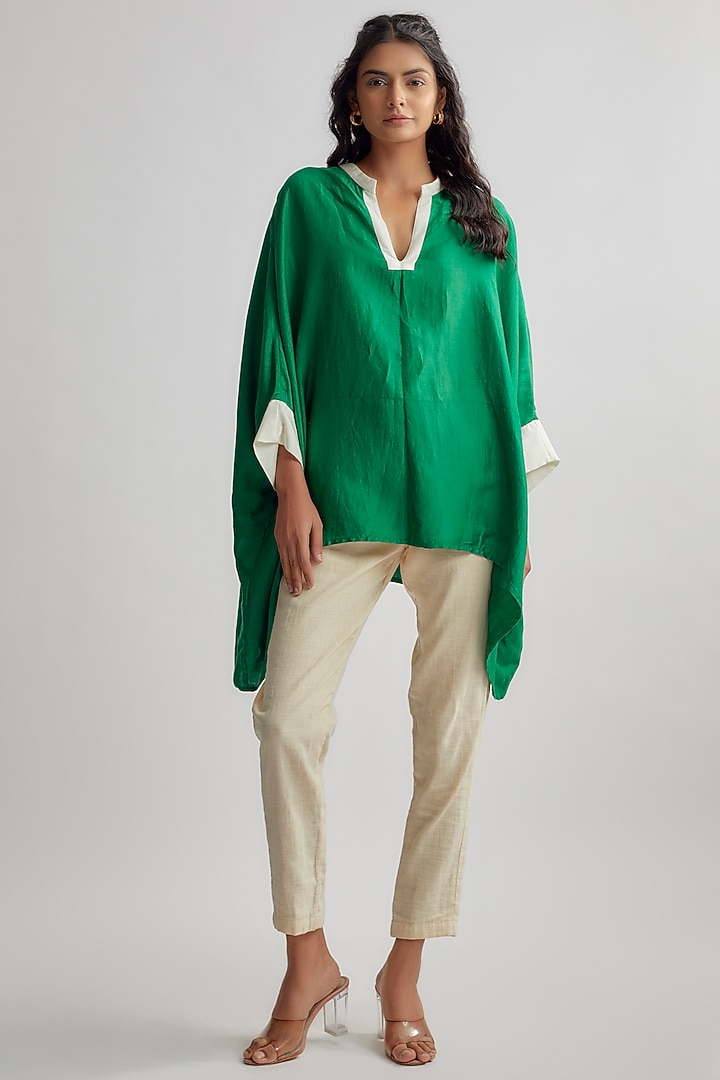 Green Linen Satin Color-Blocked Shirt by EZRA at Pernia's Pop Up Shop