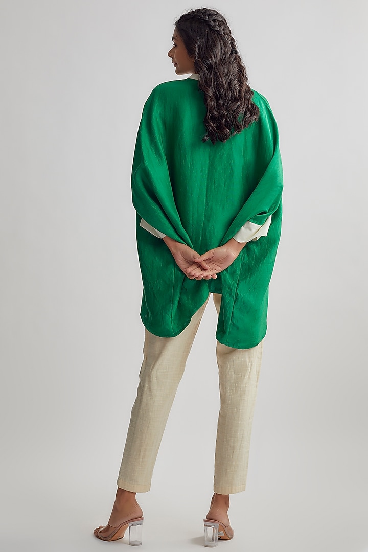 Green Linen Satin Color-Blocked Shirt by EZRA at Pernia's Pop Up Shop