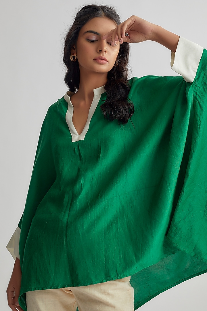 Green Linen Satin Color-Blocked Shirt by EZRA