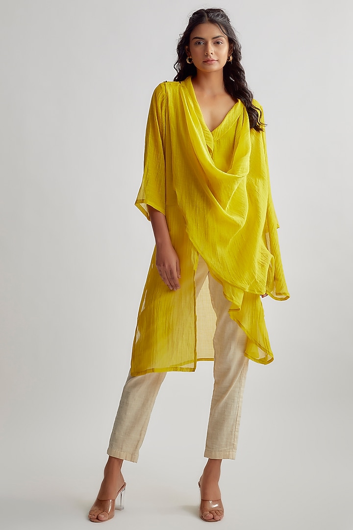Yellow Chanderi & Satin Cowl Top by EZRA at Pernia's Pop Up Shop