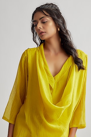 Yellow Chanderi & Satin Cowl Top by EZRA