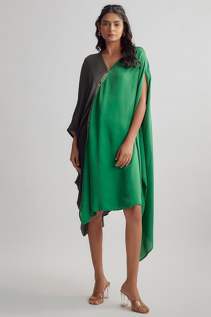 Green Cotton Satin & Dola Silk Dress by EZRA