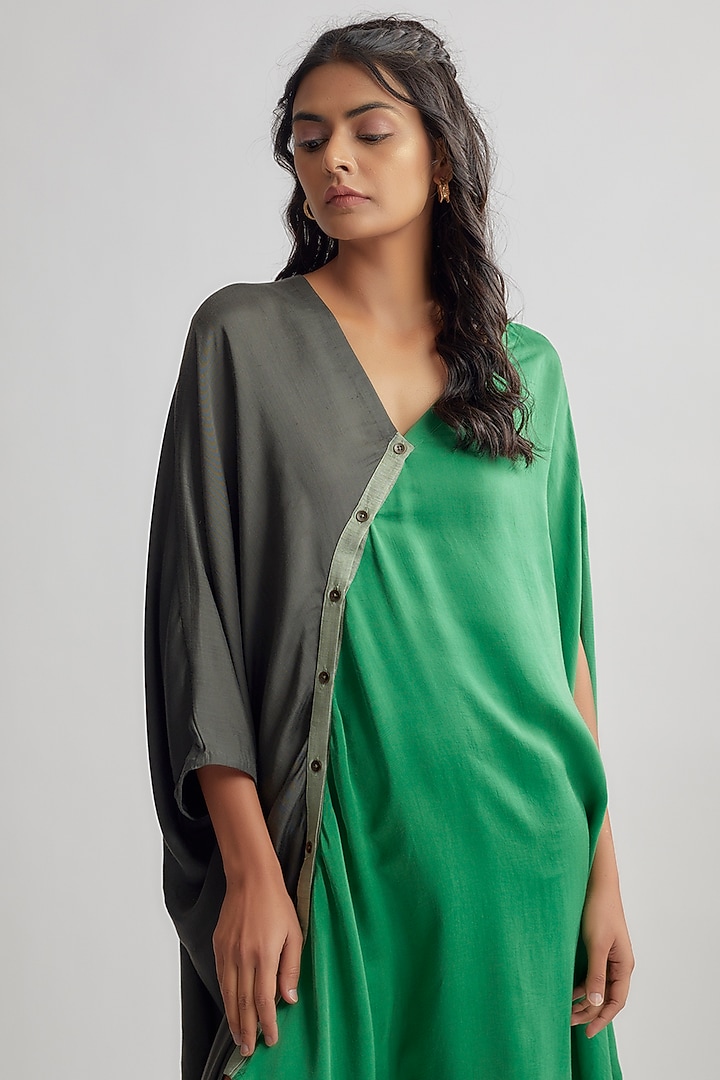 Green Cotton Satin & Dola Silk Vacation Dress by EZRA at Pernia's Pop Up Shop