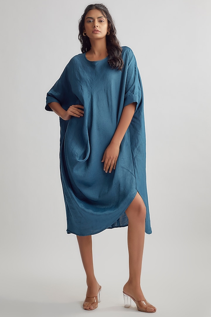 Blue Linen Satin Dress by EZRA