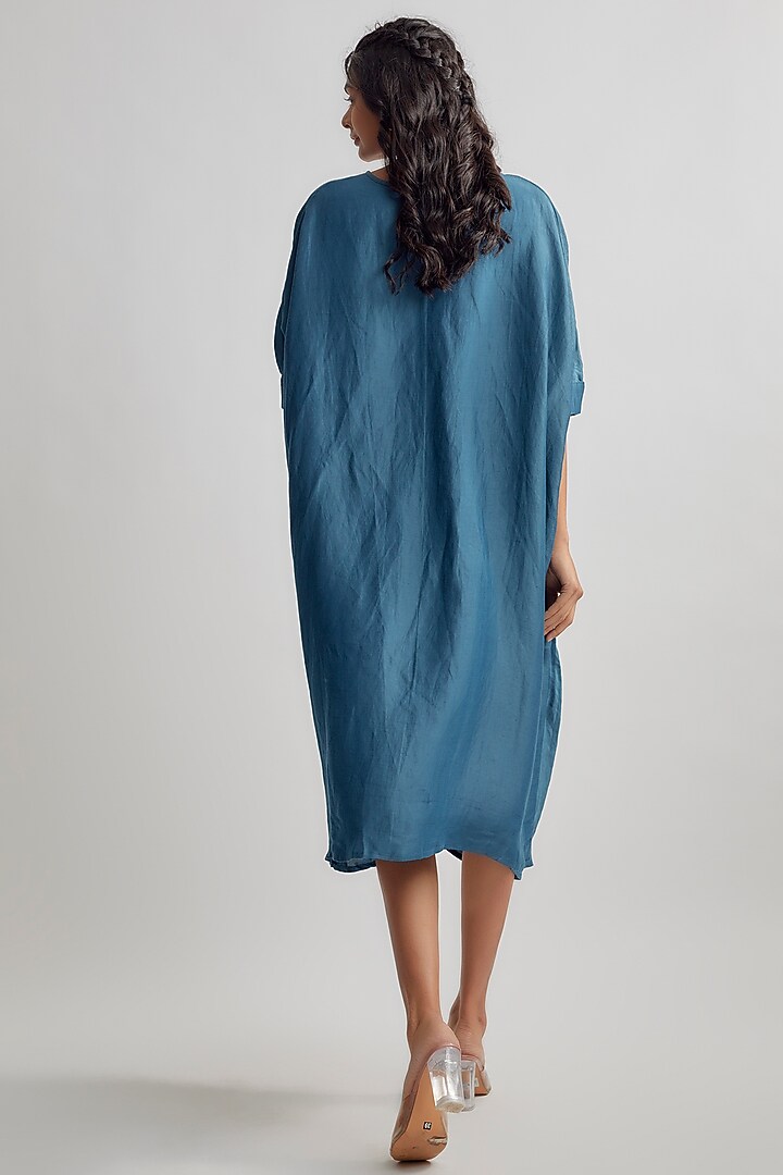 Blue Linen Satin Summer Dress by EZRA at Pernia's Pop Up Shop
