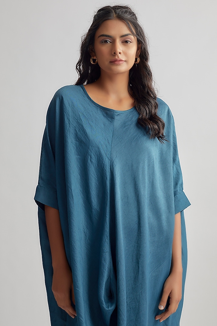 Blue Linen Satin Summer Dress by EZRA at Pernia's Pop Up Shop