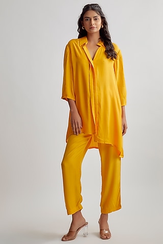 Yellow Cotton Satin Co-Ord Set by EZRA