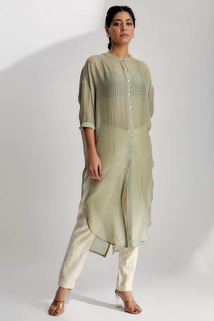 Grey Moonga Silk Shirt by EZRA at Pernia's Pop Up Shop