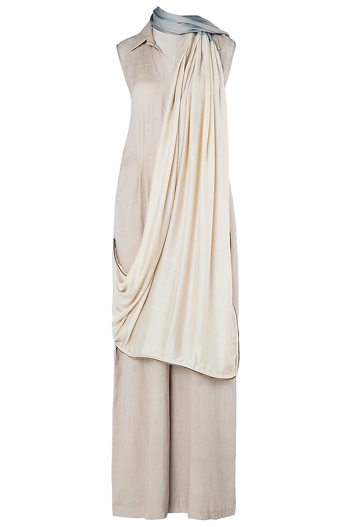 Beige Jumpsuit with Attached Dupatta by EZRA