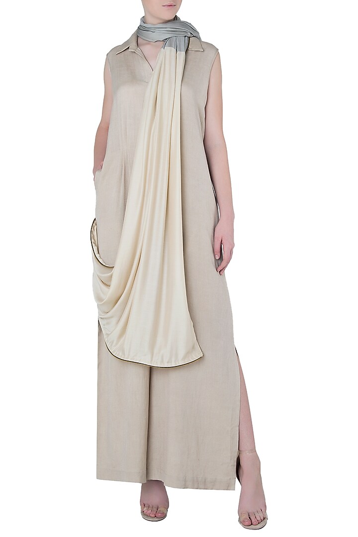 Beige jumpsuit with attached dupatta available only at Pernia's Pop Up Shop.
