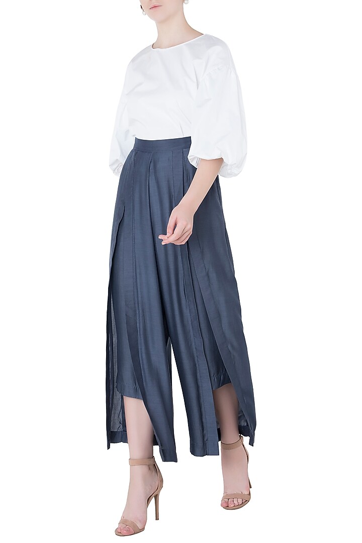 Blue demin box pleated pants available only at Pernia's Pop Up Shop.