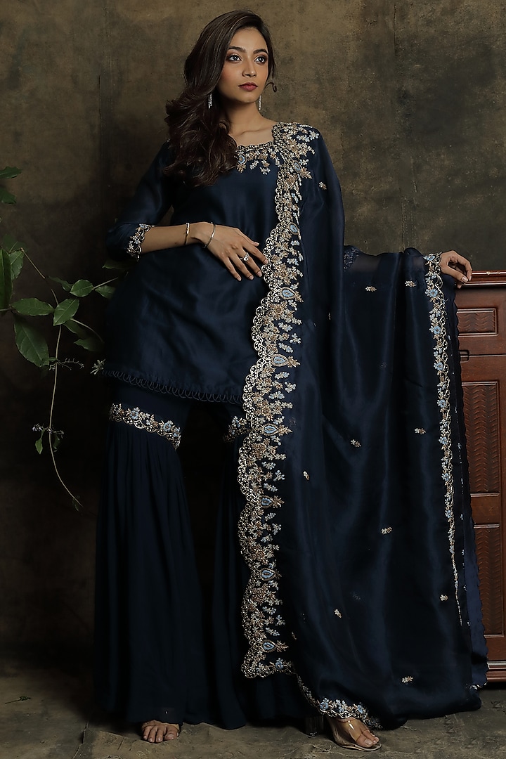 Navy Blue Embroidered Sharara Set by Khushboo Bagri