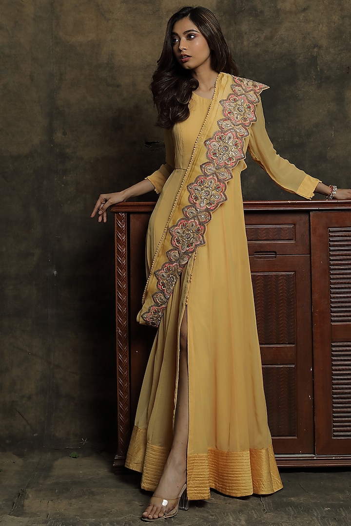 Yellow Textured Gown With Embroidered Dupatta by Khushboo Bagri