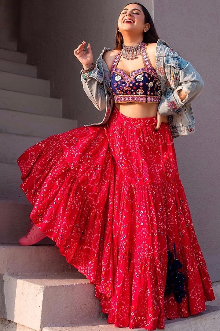 Hot Pink Silk Tiered Skirt Set by Nitara Dhanraj Label