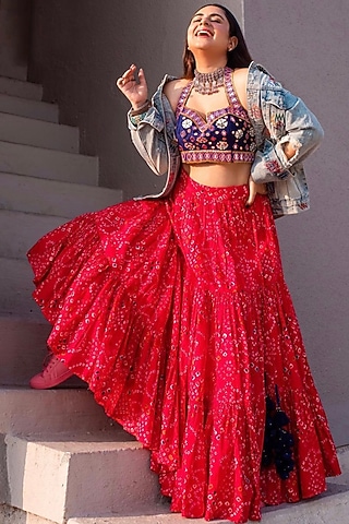 Hot Pink Silk Tiered Skirt Set by Nitara Dhanraj Label