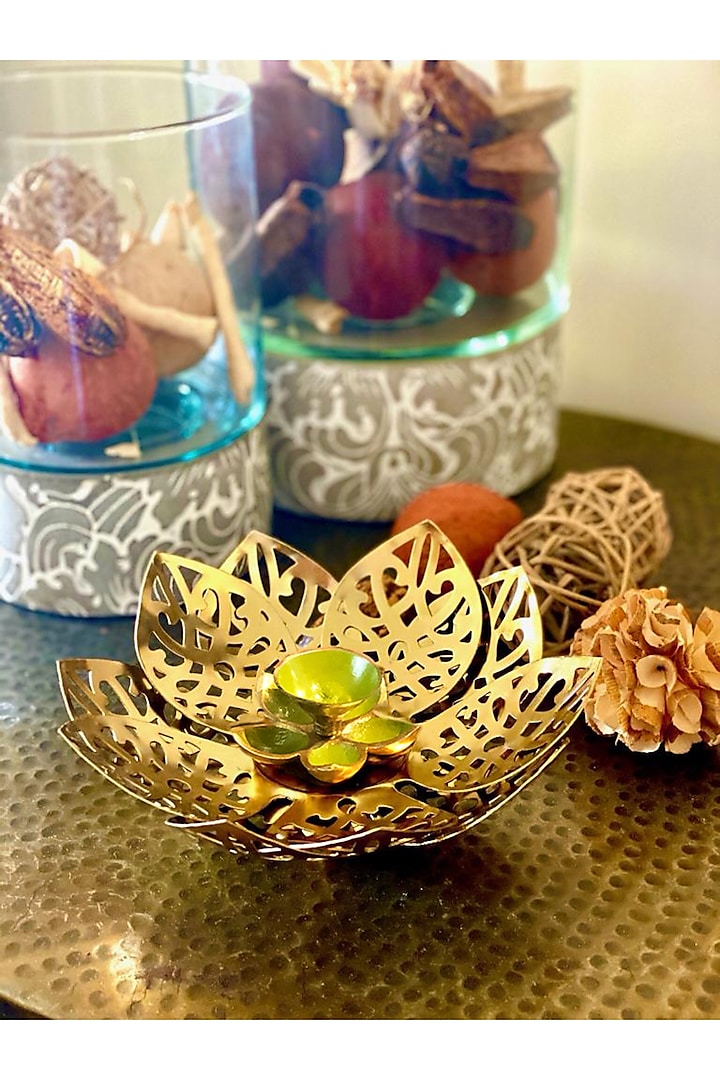 Green & Gold Filigree Diya  by Faaya Gifting
