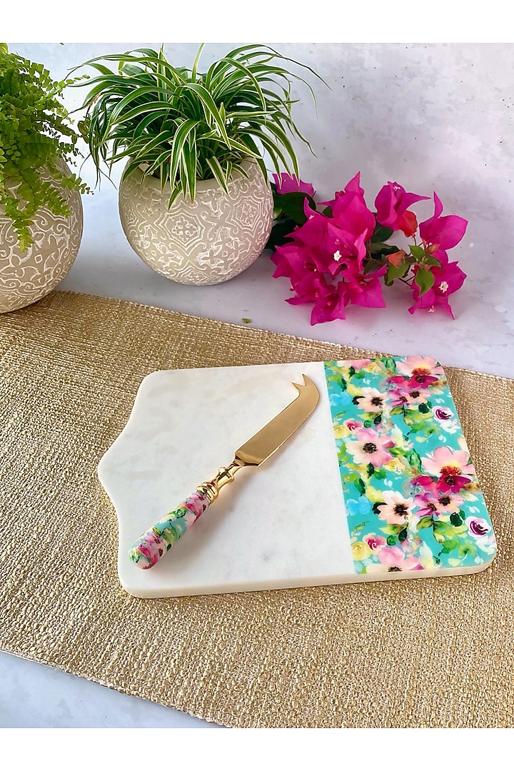 Aqua Marble Cheese Board & Cheese Knife by Faaya Gifting