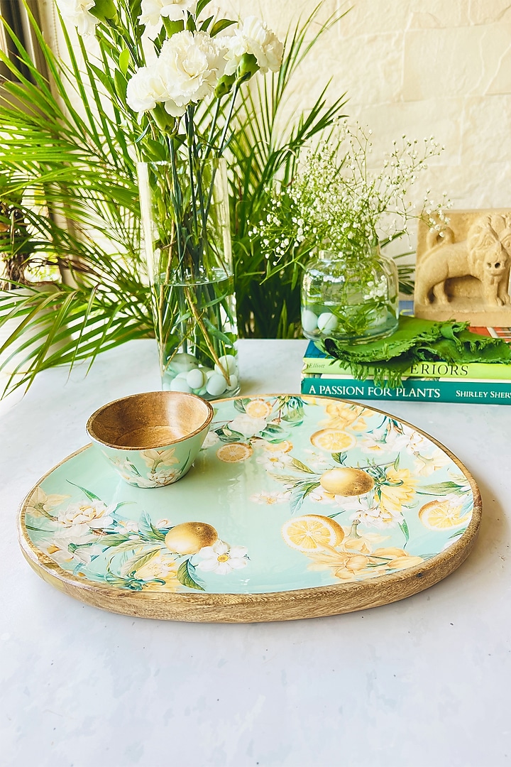 Yellow Lisbon Lemon Wood Oval Platter With Dip Bowl by Faaya Gifting at Pernia's Pop Up Shop