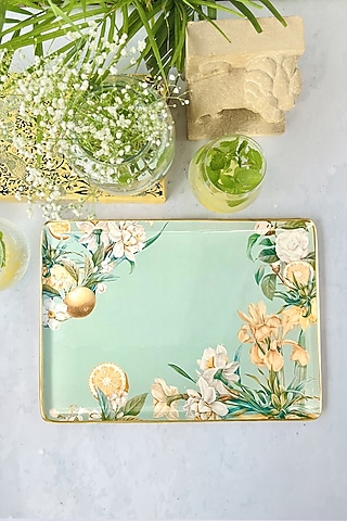 Green Lisbon Lemon Iron Rectangle Serving Tray by Faaya Gifting