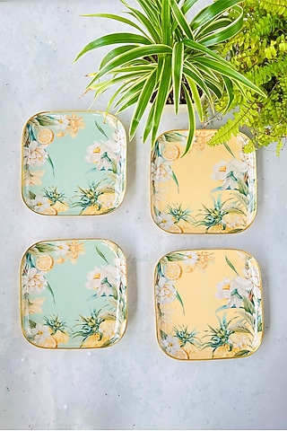 Yellow Lisbon Lemon & Green Square Quarter Plates (Set Of 4) by Faaya Gifting