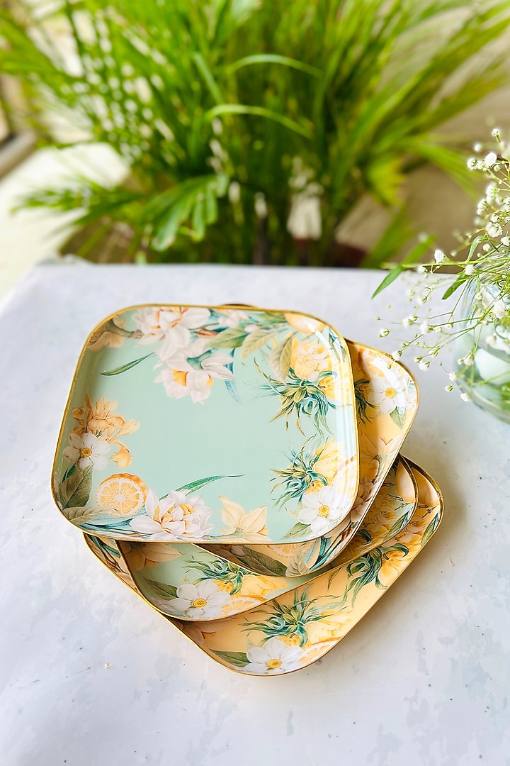 Yellow Lisbon Lemon & Green Square Quarter Plates (Set Of 4) by Faaya Gifting at Pernia's Pop Up Shop