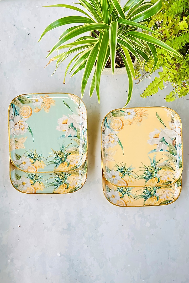 Yellow Lisbon Lemon & Green Square Quarter Plates (Set Of 4) by Faaya Gifting at Pernia's Pop Up Shop