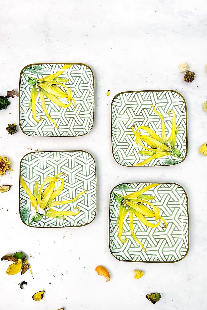 Yellow & Green Iron Borneo Botanicals Printed Square Plates (Set of 4) by Faaya Gifting