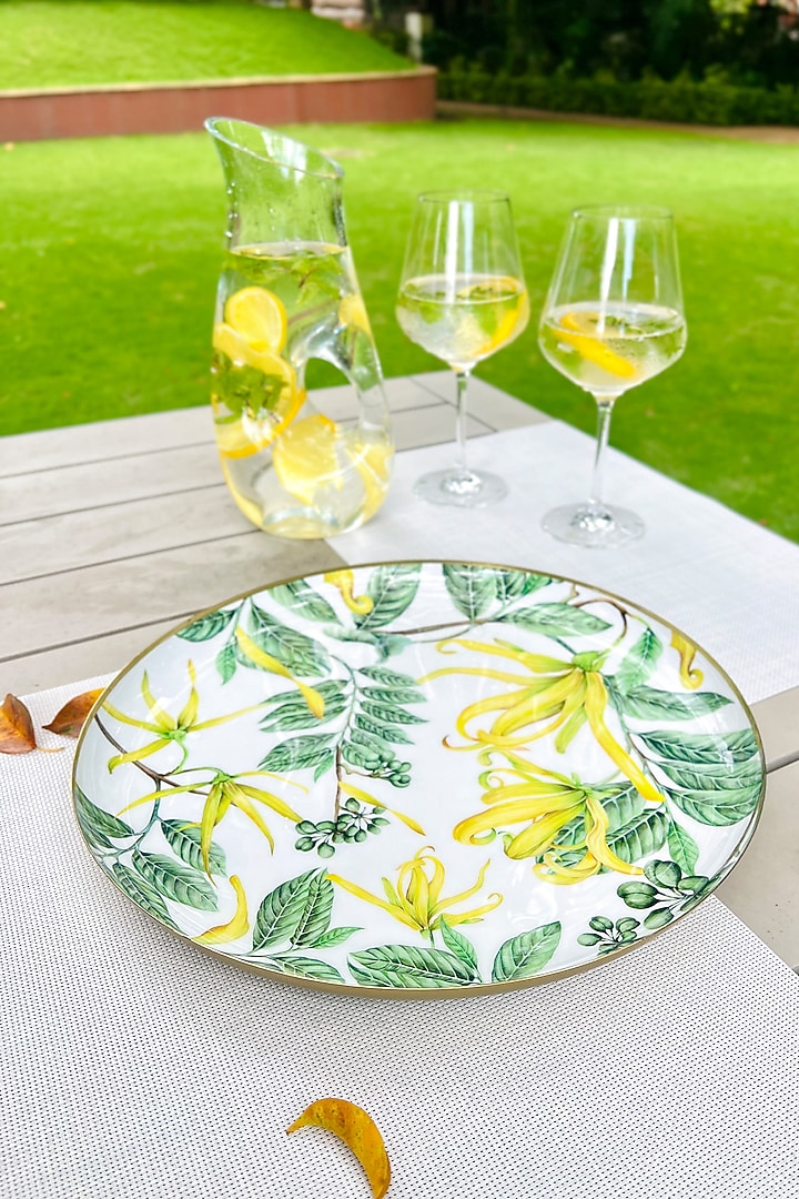 Yellow & Green Iron Borneo Botanicals Printed Round Serving Tray by Faaya Gifting at Pernia's Pop Up Shop