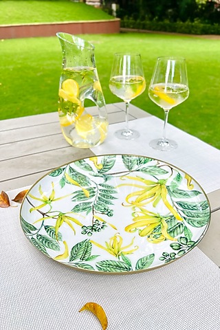 Yellow & Green Iron Borneo Botanicals Printed Round Serving Tray by Faaya Gifting