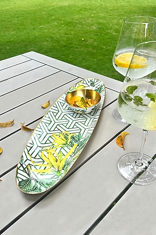 Yellow & Green Iron Borneo Botanicals Printed Oval Platter With Dip Bowl by Faaya Gifting