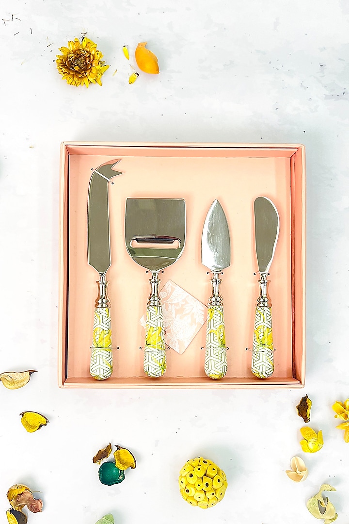 Yellow & Green Stainless Steel Borneo Botanicals Printed Cutlery (Set of 4) by Faaya Gifting