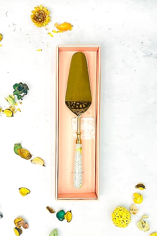 Yellow & Green Stainless Steel Borneo Botanicals Printed Cake Server by Faaya Gifting