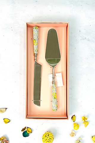 Yellow Stainless Steel Borneo Botanicals Printed Cake Server & Knife Set by Faaya Gifting