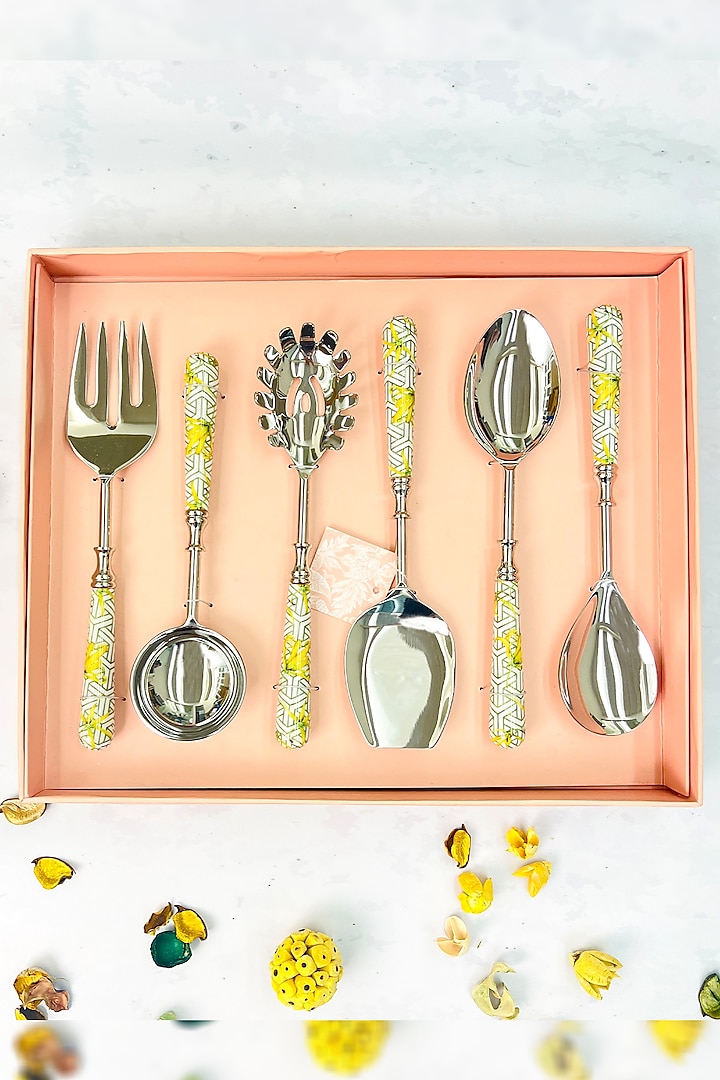 Yellow & Green Stainless Steel Borneo Botanicals Printed Serving Spoons (Set of 6) by Faaya Gifting