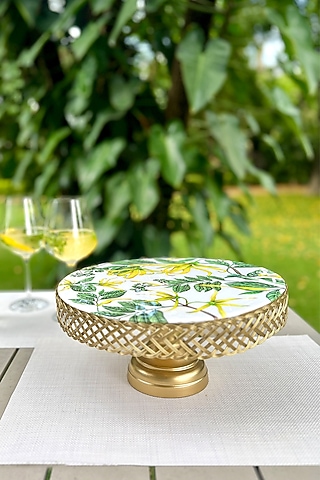 Yellow & Green Iron Borneo Botanicals Printed Serving Cake Stand by Faaya Gifting