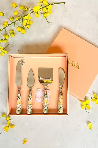 Yellow & White Stainless Steel Lisbon Lemon Printed Cheese Knives Cutlery (Set of 4) by Faaya Gifting
