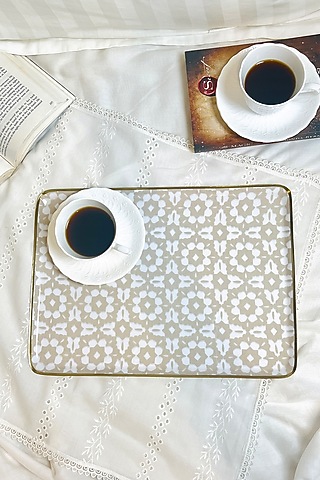 Beige & White Stainless Steel Handloom Harmony Printed Rectangle Serving Tray by Faaya Gifting