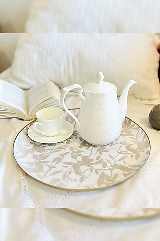 Beige & White Iron Handloom Harmony Printed Round Serving Tray by Faaya Gifting