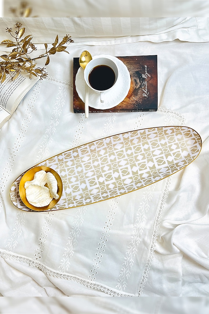 Beige & White Iron handloom harmony Printed Oval Platter With Dip Bowl by Faaya Gifting at Pernia's Pop Up Shop