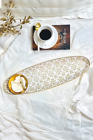 Beige & White Iron handloom harmony Printed Oval Platter With Dip Bowl by Faaya Gifting