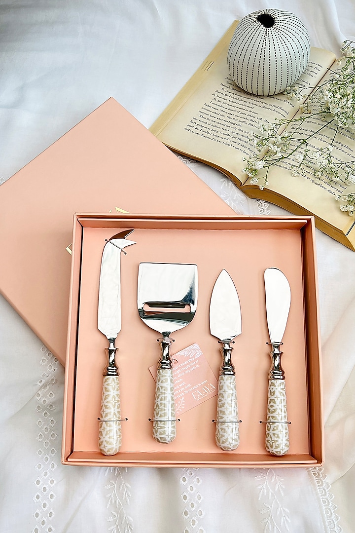 Beige & White Iron Handloom Harmony Printed Cheese Knives Cutlery (Set of 4) by Faaya Gifting