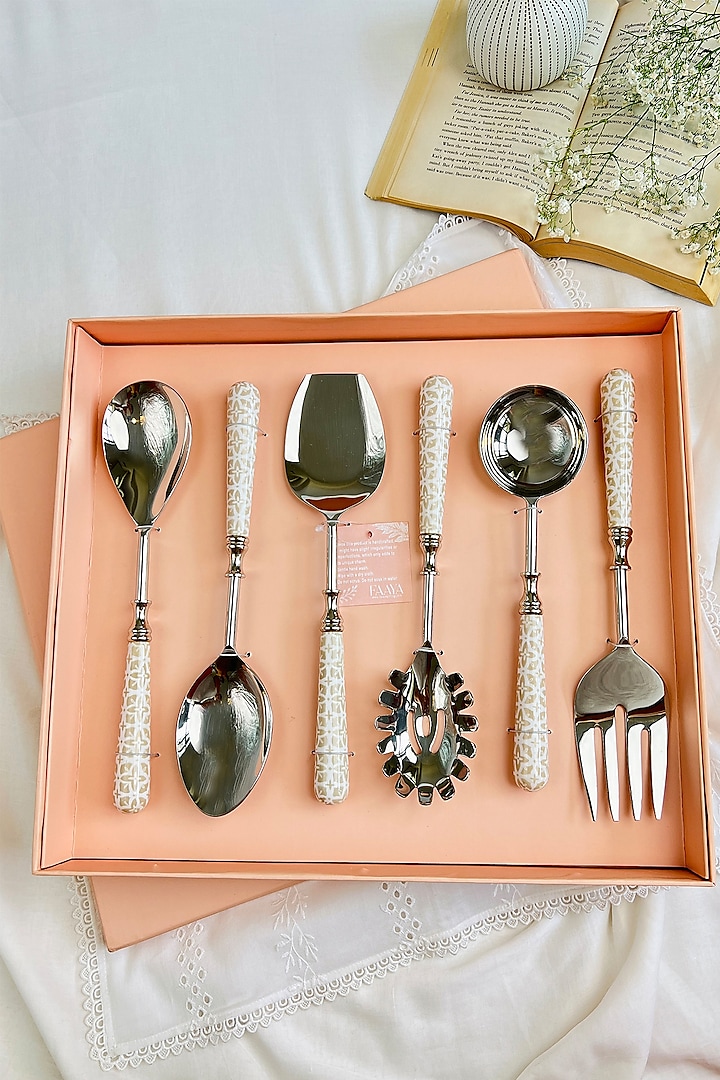 Beige Stainless Steel & Resin Handloom Harmony Spoons (Set Of 6) by Faaya Gifting at Pernia's Pop Up Shop