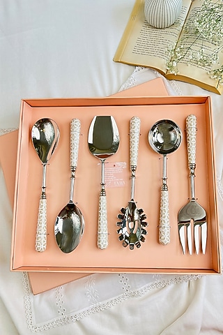 Beige Stainless Steel & Resin Handloom Harmony Spoons (Set Of 6) by Faaya Gifting