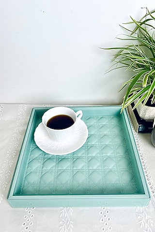 Aqua Glass & Leatherite Amadeus Tray by Faaya Gifting