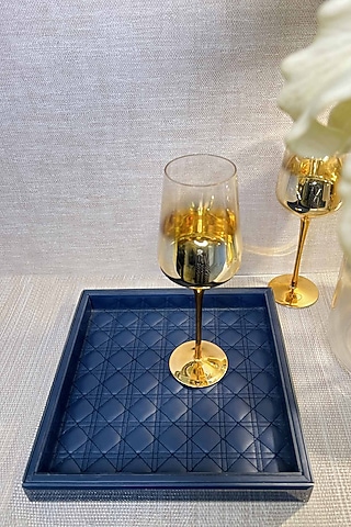 Blue Glass & Leatherite Amadeus Tray by Faaya Gifting