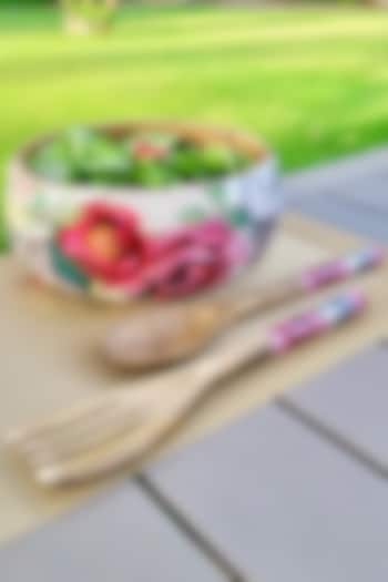 White Tudor Blooms Salad Bowl With Servers Set by Faaya Gifting